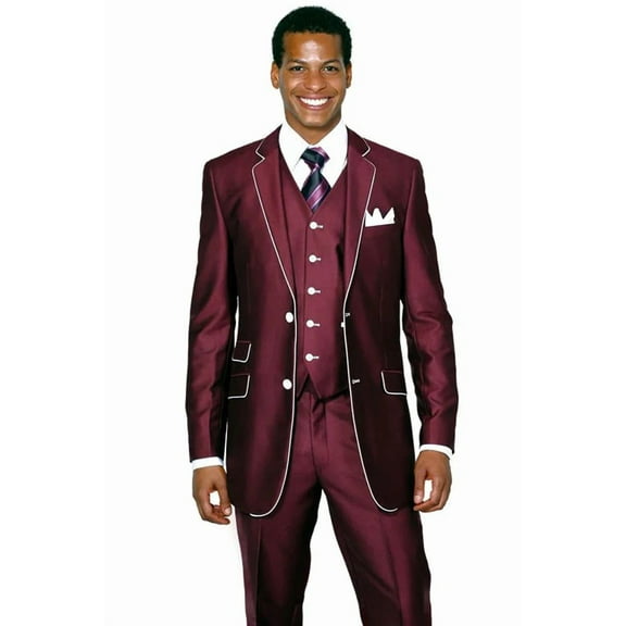 Mens Vested Slim Fit Shiny Sharkskin Tuxedo Suit in Burgundy with White Piping