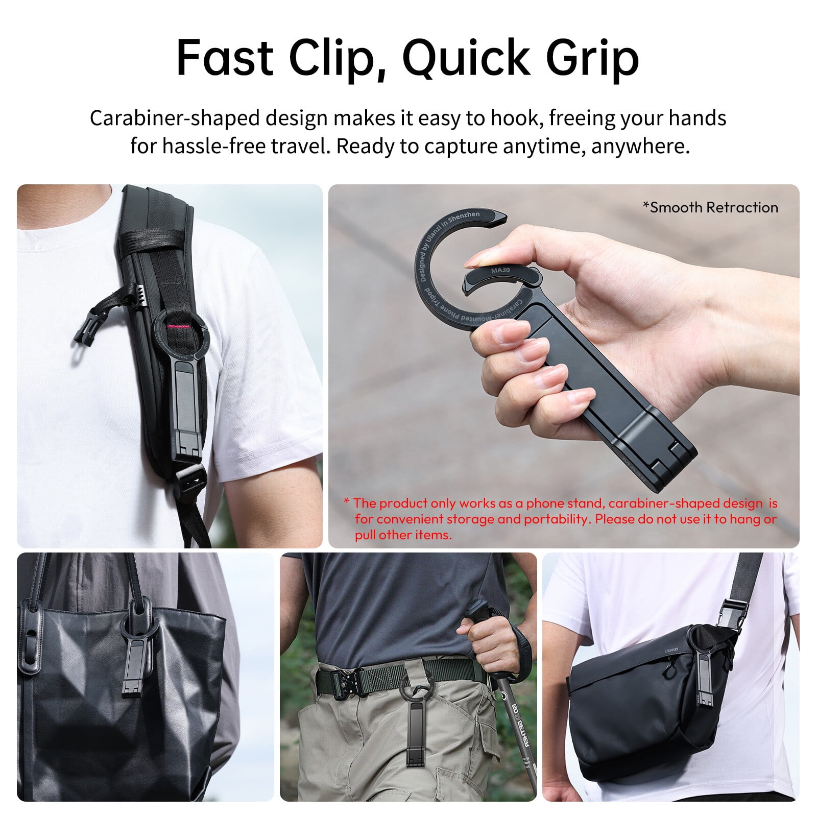 Ulanzi MA30 Carabiner-Mounted Phone Tripod for iPhone 15 -12 Pro/Pro Desk Mount