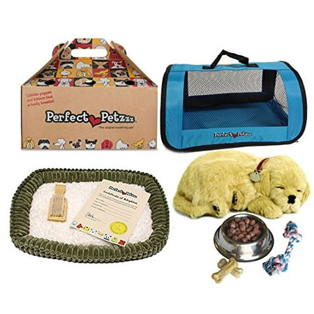 Perfect Petzzz Golden Retriever Plush with Blue Tote For Plush Breathing Pet and Dog Food, Treats, and Chew (Best Toys For Puppies Golden Retriever)