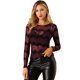 thumbnail image 1 of Blusa de punto de encaje Allegra K Cuello Redondo manga larga transparente de Malla chevron para Mujer Borgo?a S, 1 of 6