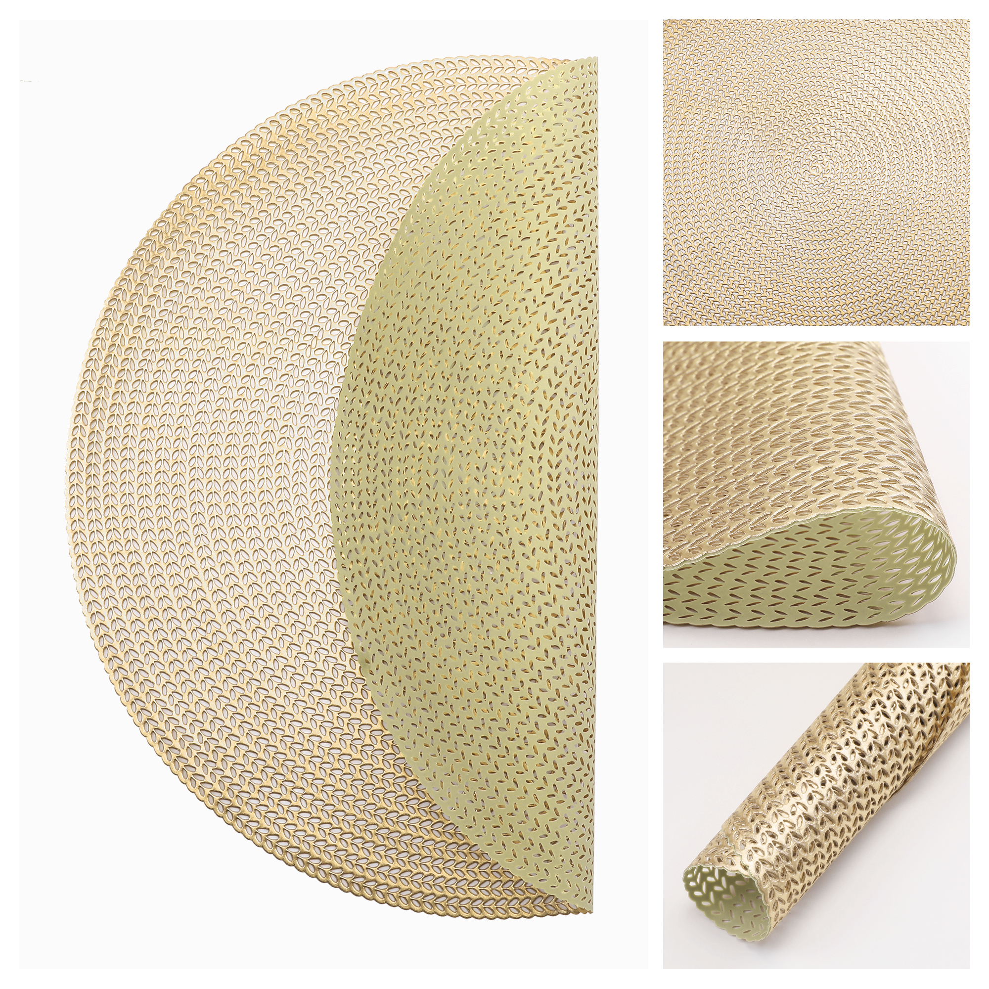 Unique Bargains Set of 6 Round Washable Hollow Design Placemats Gold
