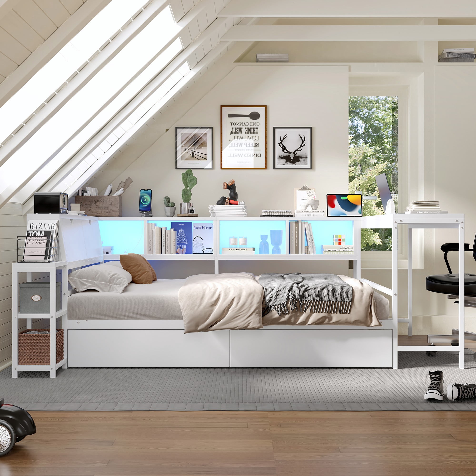 AENKYO Queen Size Corner Daybed with Desk & Storage Headboard, LED Lights, Power Outlets & Drawers, White