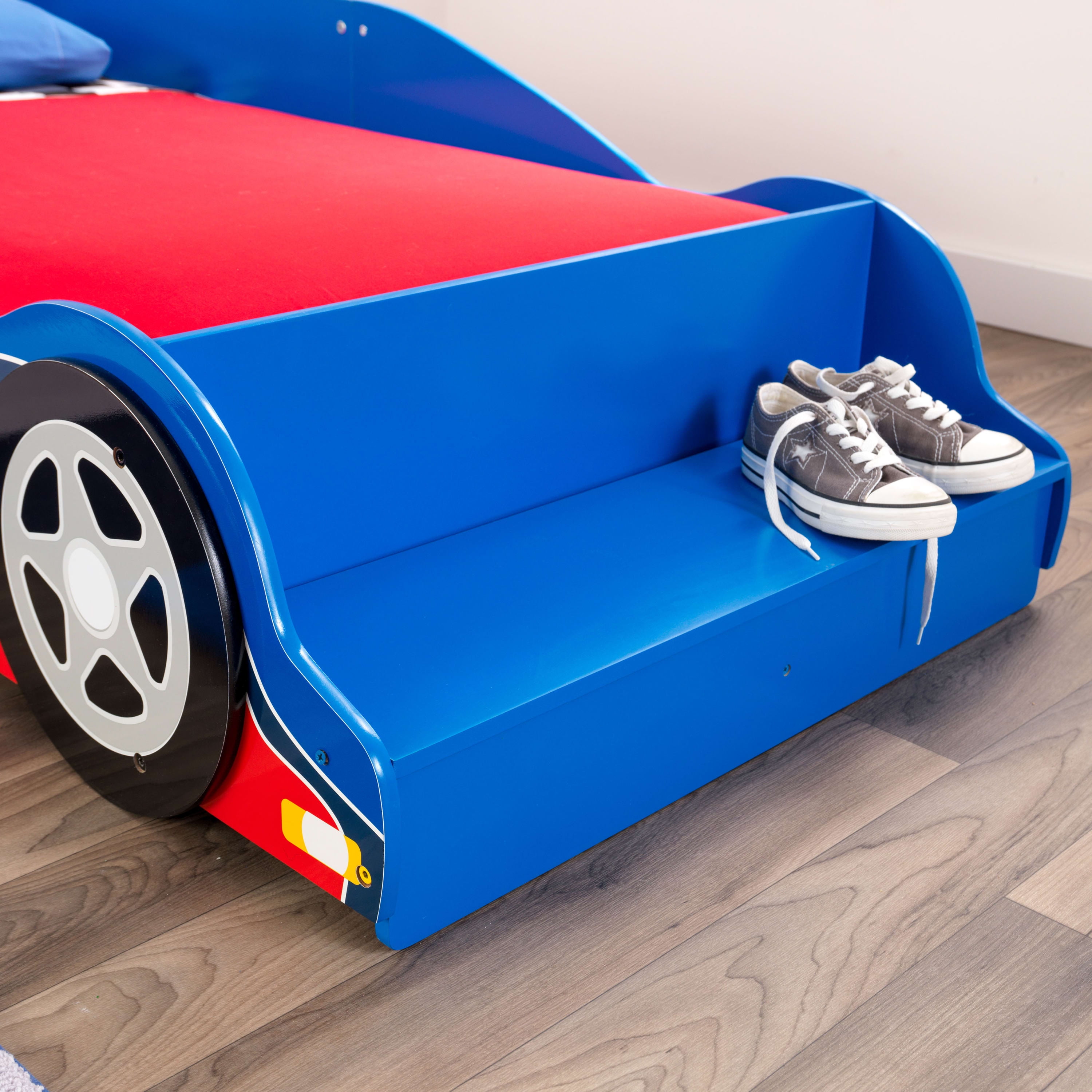 KidKraft Wooden Racecar Toddler Bed with Built-In Bench and Bed Rails - Red and Blue