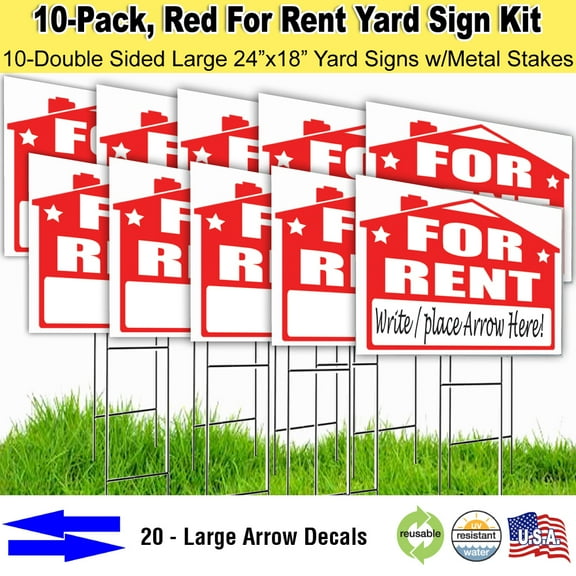 10 Pack For Rent Sign Kits with stakes, and arrow stickers