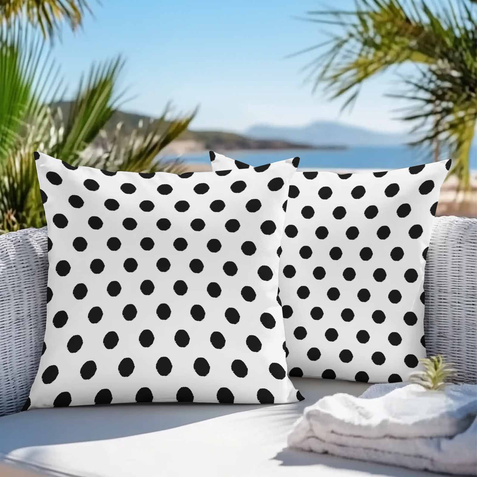 Outdoor Waterproof Throw Pillow Covers Set of 2 Black White Polka Dots Decorative Pillowcases Square Outdoor Pillows Cushion Case 16x16 Inch Cute Solid Color Patio Pillows for Couch Sofa Bed Garden