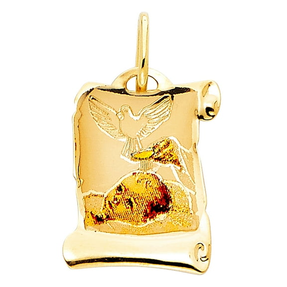 Wellingsale 14K Yellow Gold Polished Religious Baptism Enamel Charm Pendant with Holy Dove Accent