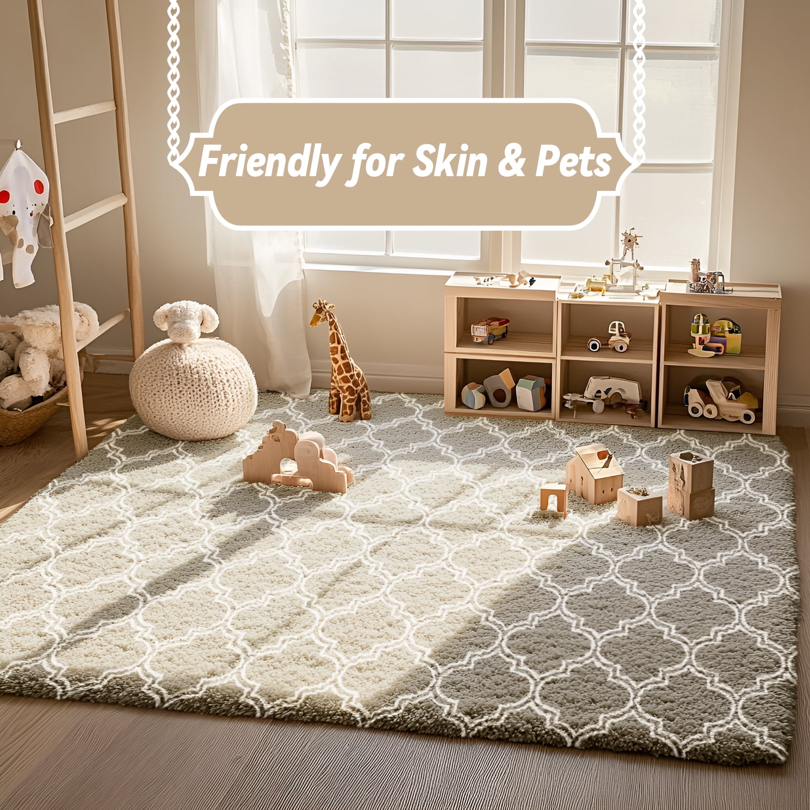 Pentantan 8ft x 10ft Geometric Shag Area Rugs for Living Room, Moroccan Fluffy Bedroom Carpet, Camel & White