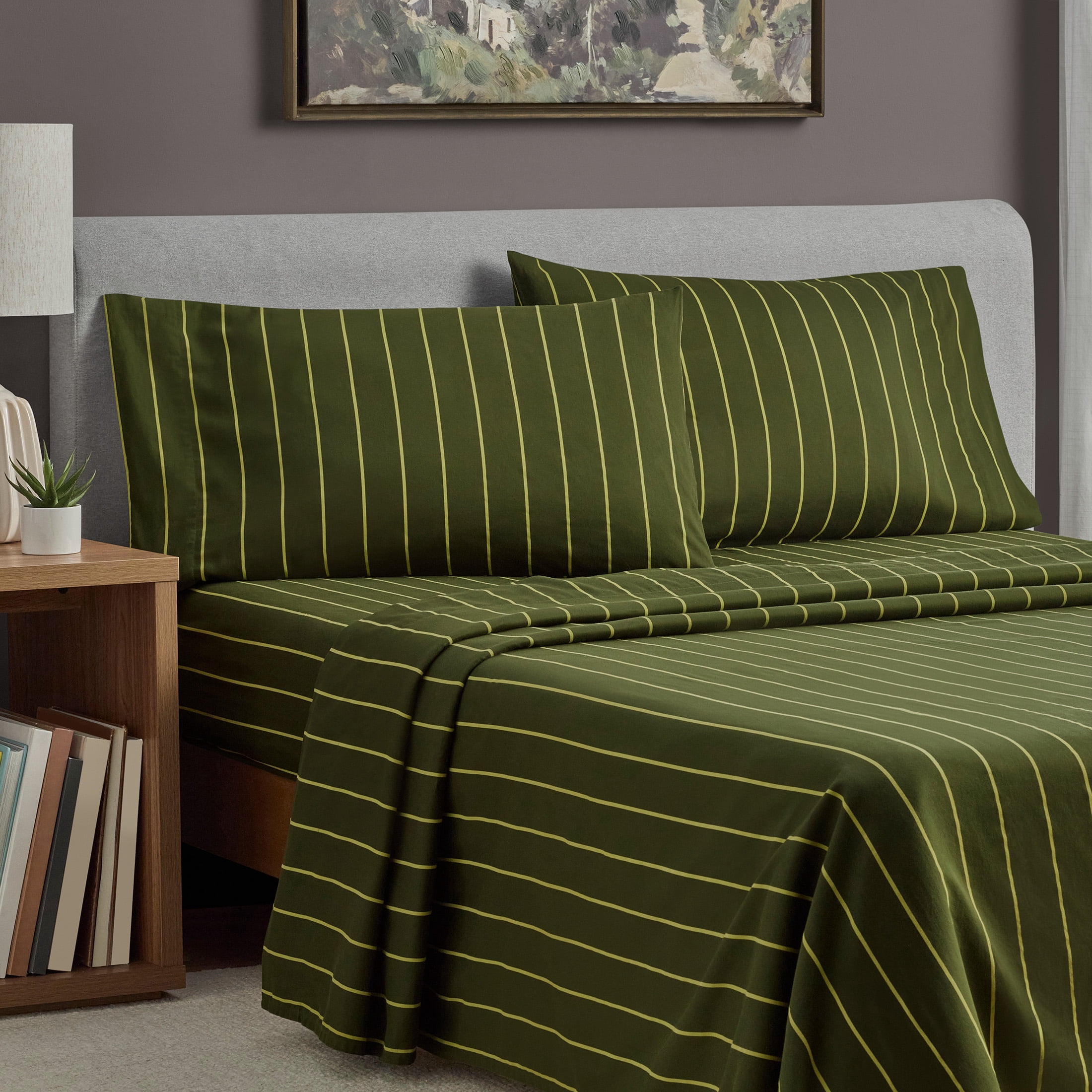 Mainstays Dreamy Soft 4-Piece Bed Sheet Set, Queen, 100% Cotton, 220 Thread Count, Deep Pocket, Green Stripe