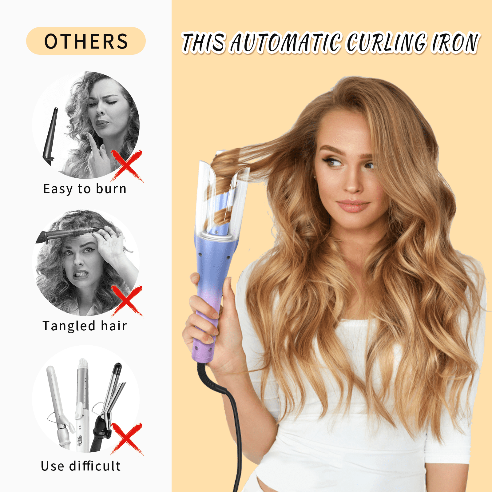 Automatic Hair Curling Wand Set - Gradient Color, Plastic-Ceramic-Metal Build, 13.97X4.72X2.48 Inch, with Comb & 2 Clips