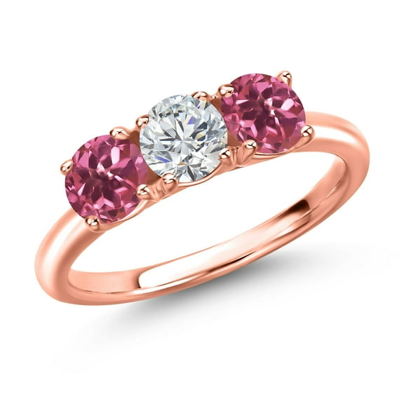 Gem Stone King 18K Rose Gold Plated Silver Lab Grown Diamond and Pink Tourmaline Engagement Ring for Women | 1.54 Cttw | Round 5MM | Gemstone April Birthstone | Size 8