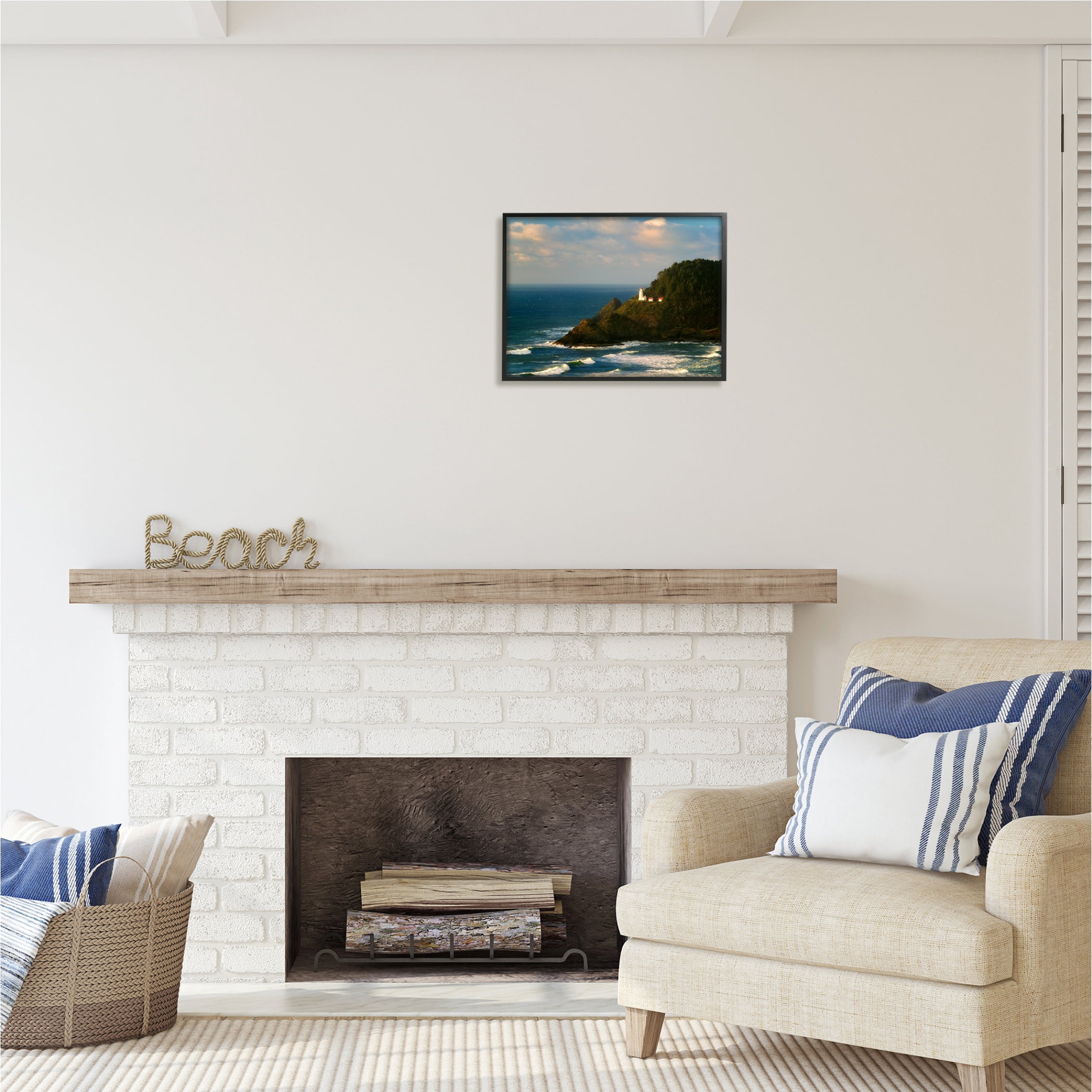 Stupell Industries Lighthouse Ocean Cliffs Nature Photography Black Framed Art Print Wall Art, 20 x 16