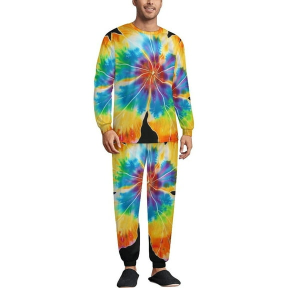 Tie-Dye Petals Men's Pajama Set Sleepwear Pjs Lightweight Long Sleeve Crewneck Shirts and Bottoms Soft Comfy Sleep Sets XS