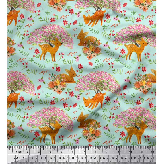 Soimoi Poly Georgette Fabric Tree,Floral & Deer Animal Print Sewing Fabric Yard 42 Inch Wide