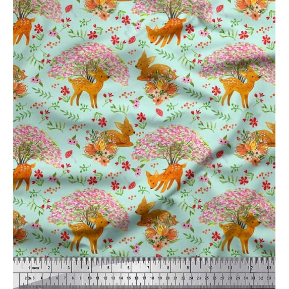Soimoi Cotton Poplin Fabric Tree,Floral & Deer Animal Decor Fabric Printed Yard 56 Inch Wide