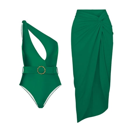 TrendVibe365 Swimsuit Dress Women Green Two Piece Cover up Skirt One Shoulder Solid Swimwear Beachwear XL