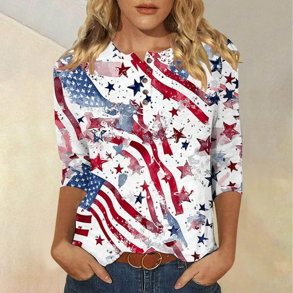 Odbmxy Plus Size Tshirts Women 3/4 Sleeve Patriotic Fourth of July Shirts for Women Summer Vacation Regular Blue Casual Stars Tops