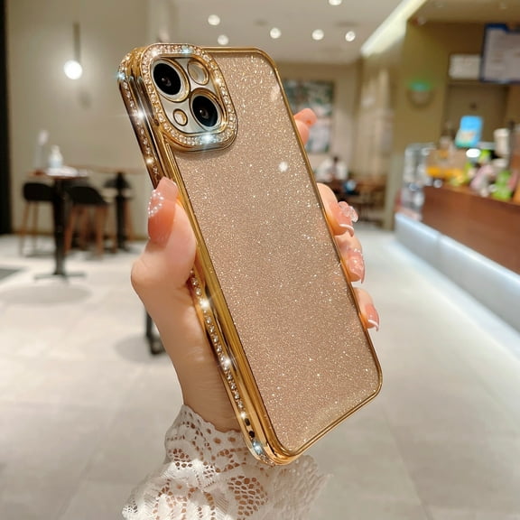 Compatible with iPhone 14 Clear Bling Diamond Rhinestone Cute for Girls Women Girly Case Glitter Shiny Sparkle Gem Design Soft Silicone Luxury Fashion Protective 3D Phone Case, Gold
