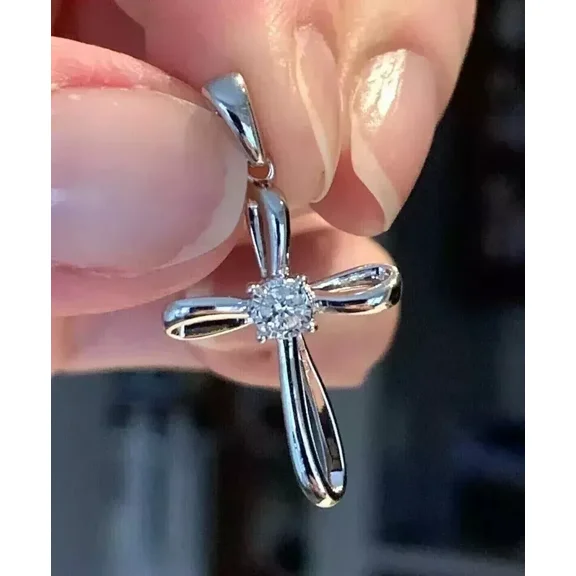 1.5Ct Round Cut Real Moissanite Women's Cross Pendant With Chain 14K White Gold Plated 1.5 inch Pendant