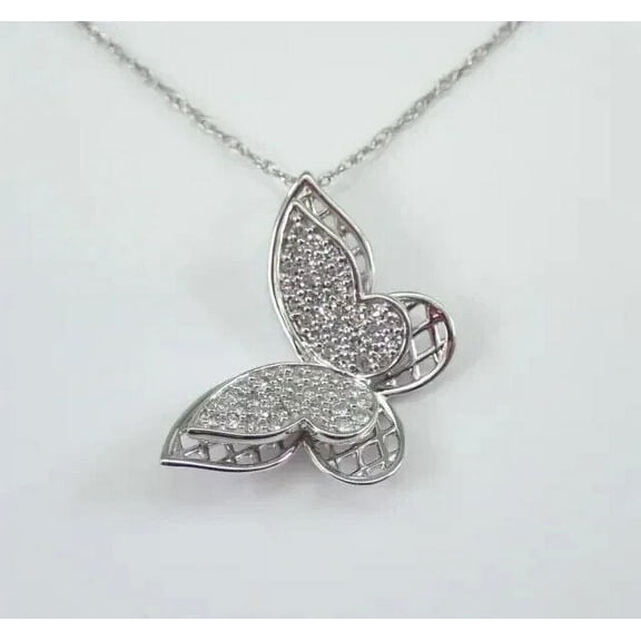 Round Cut White Diamond 925 Sterling Silver Women's Gorgeous Butterfly Pendant Necklace 18"
