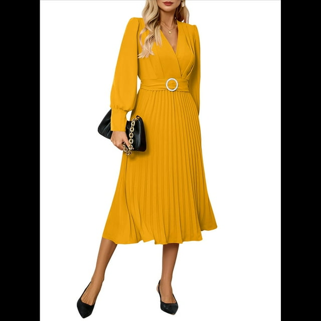 Vestido Acampanado de Larga para Mujer, Corte A, Informal, Semiformal, para Invitada de Boda, de Oficina, con Cinturón Amarillo L