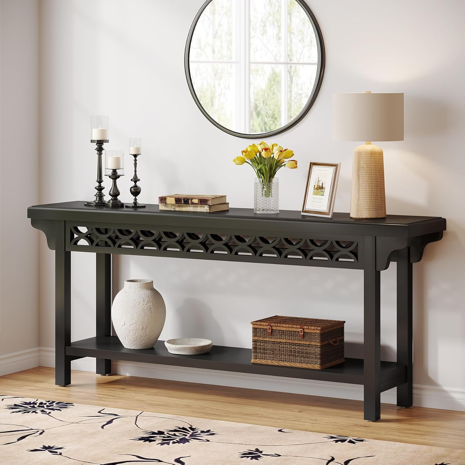 Tribesigns 70.8-Inch Solid Wood Long Console Table, Farmhouse Entryway Table with Storage, Narrow Sofa Table for Living Room Entryway Hallway (Black)