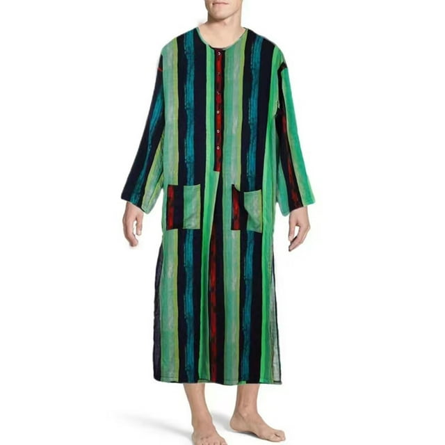 Birdeem Men's Fashion Casual Robe Long Sleeves Double Pocket Stripe Print Long Shirt