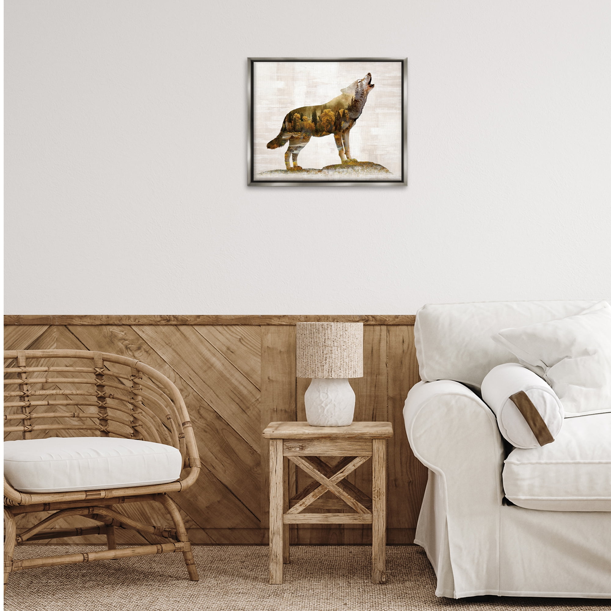 Stupell Industries Forest Pattern Wolf Animals & Insects Painting Gray Floater Framed Art Print Wall Art, 21 x 17