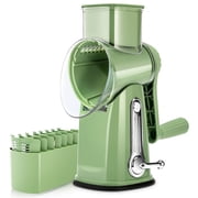 Pukomc Rotary Cheese Grater with Handle- 5 Blades, Suction Base, Mandoline Slicer & Veg Shredder with Blade Storage Box(Green)