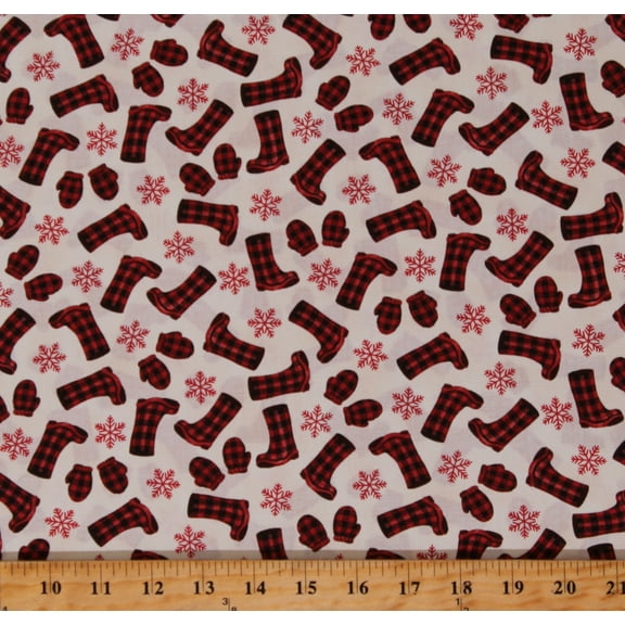 Cotton Christmas Holiday Seasonal Winter Clothing Boots Mittens Snowflakes Home Sweet Holiday Deb Strain Plaid Cream Cotton Fabric Print by the Yard (56006-11)
