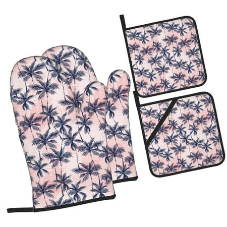 

Haiem Tropics Palm Trees Print Extra Long Oven Mitts and Pot Holders 4pc Sets: Heat Resistant Silicone Oven Mittens with Mini Oven Gloves and Hot Pads Potholders
