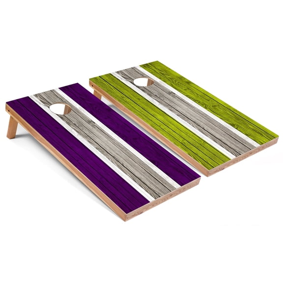 Skip's Garage | Purple and Lime Striped Cornhole Boards | Includes (2) Boards, (8) Bags & Optional Accessories