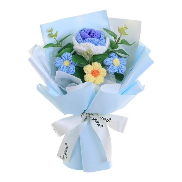 Bouquet de flor de crochet decoración de flores de punto hecha a mano con vegetación eucalipto hojas para la decoración del estante de fiesta de