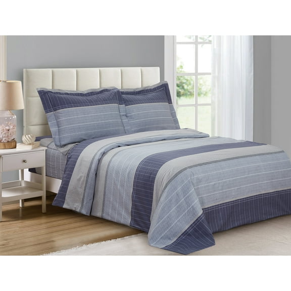Violet Linen French Blue Stripe Pattern, Luxury Ultra Soft 200 Thread Count Cotton Percale, Blue, Full, 6 Piece Duvet Set, Bedding Duvet Cover Set for Two Beds
