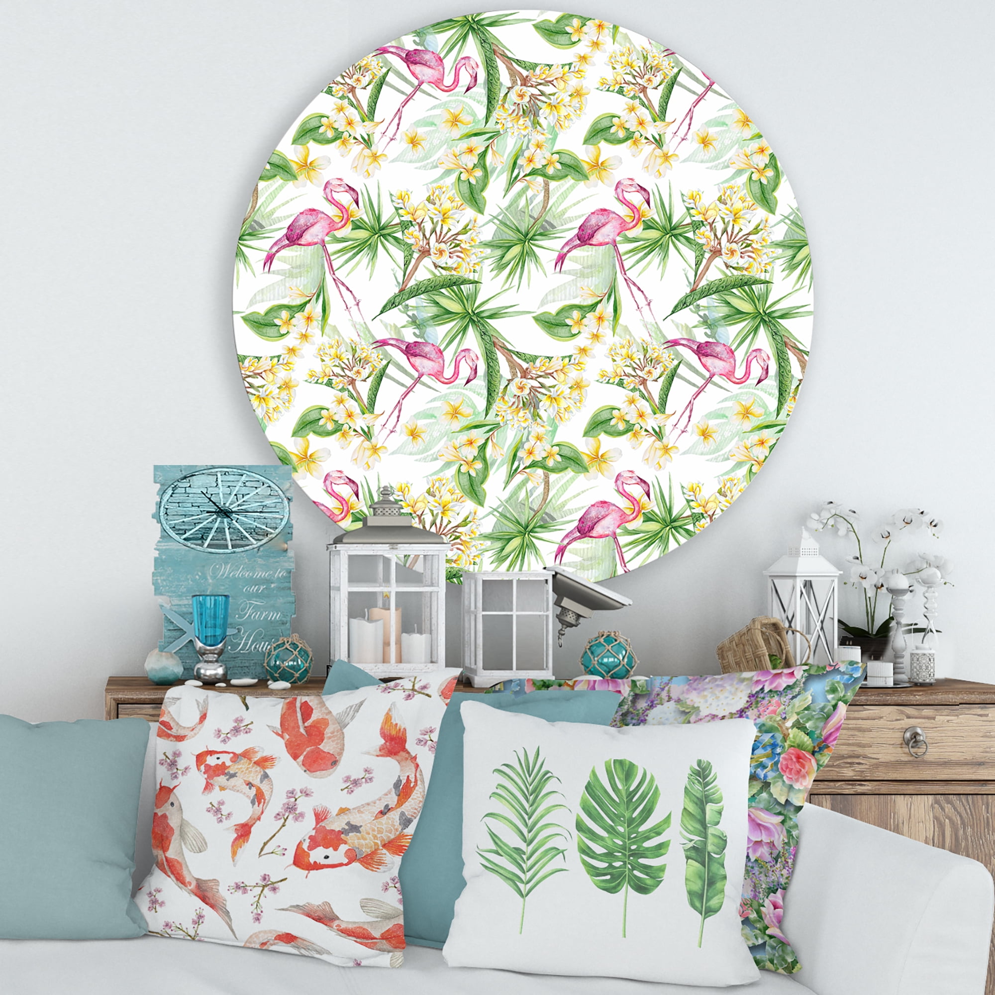 Designart 'Yellow Flowers, Tropical Foliage With Flamingo IV' Modern Circle Metal Wall Art 36x36 - Disc of 36