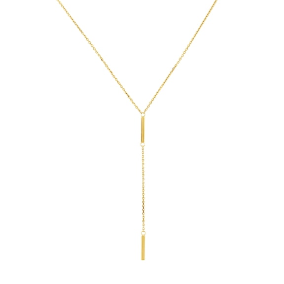 Honey Crush Real 14K Yellow Gold Double Mini Bar Lariat Necklace (1.6x10.7mm, 16-18in)