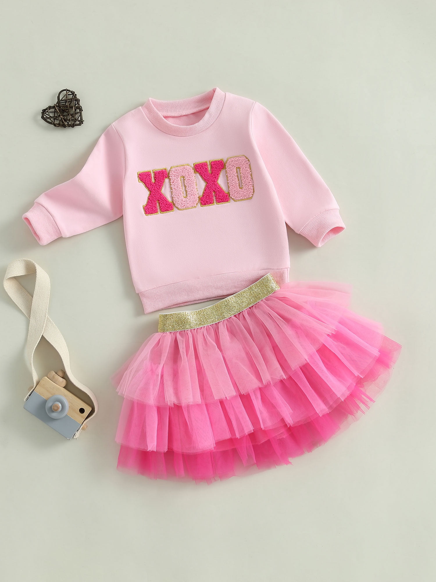 Jxzom Toddler Baby Girl Valentines Outfit XOXO Letter Embroidery Long Sleeve Sweatshirt Tops and Tulle Tutu Skirts Set 1-6 Years Cute Valentines Clothes