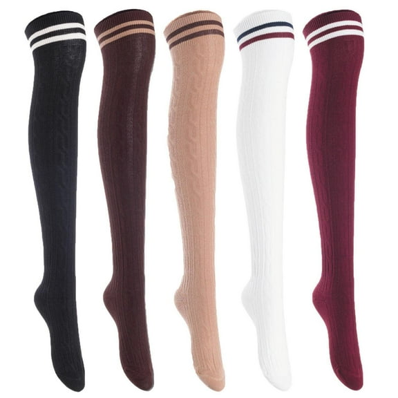 Lian LifeStyle Exquisite Big Girl's Women's 5 Pairs Thigh High Cotton Socks. Female Socks in Vibrant Colors Size 6-9 L1023Blk,Cof,Kaki,Wite,Wine