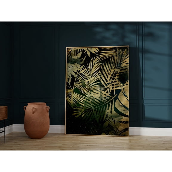 Emerald Green And Gold Palm Print · Wall Art · Botanical Art · Palm Leaves · Maximalist Decor · Dark Green Wall Art · Wall Art, Modern Wall Decor, 8x12 UNFRAMED