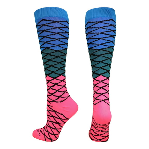 Neon Mermaid Over the Calf Socks (Electric Blue/Teal/Neon Pink, Small)