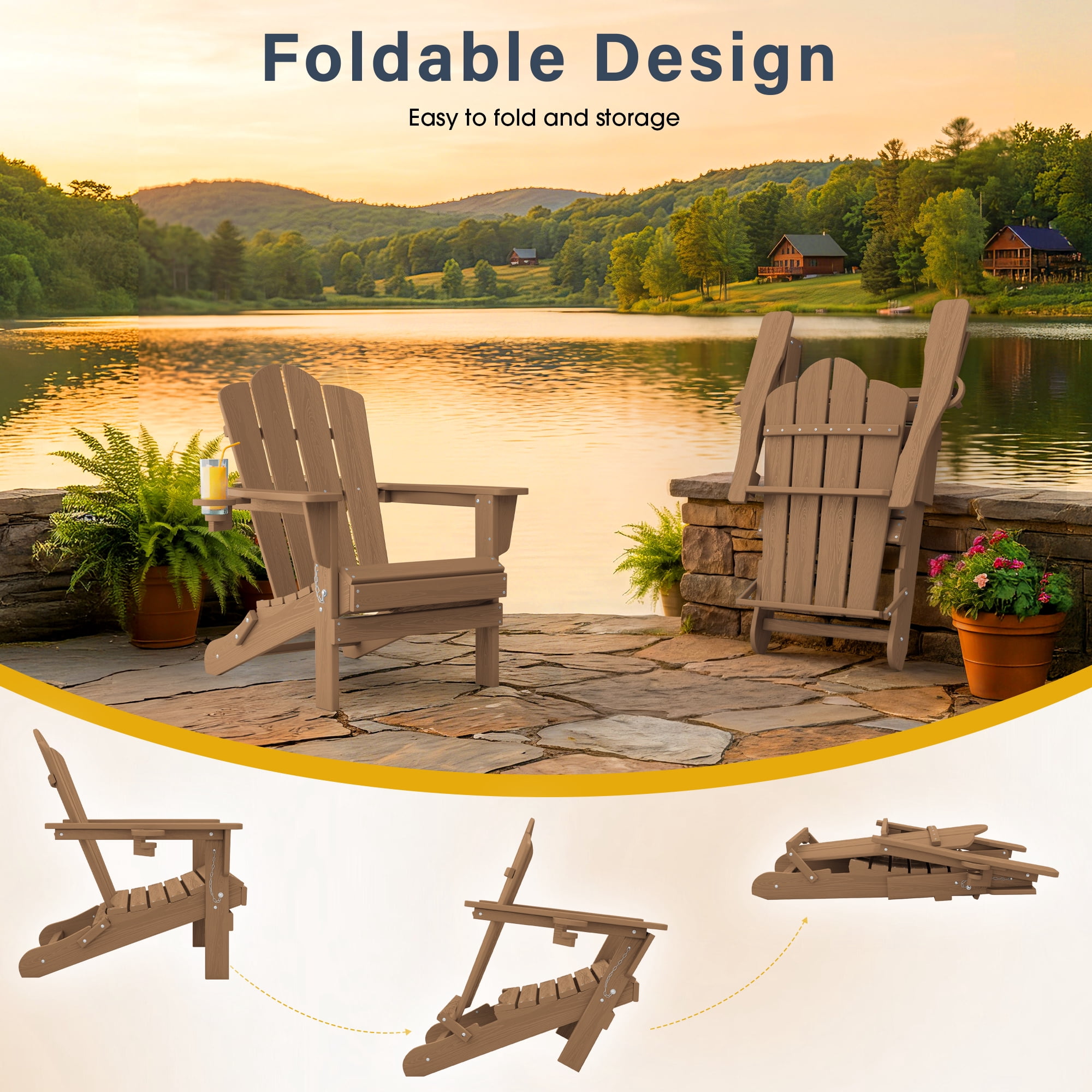 KINGYES Folding Adirondack Chair with Cup Holder, HDPE All-Weather Folding Adirondack Chair, Fir Pit Chairs for Patio Garden Backyard