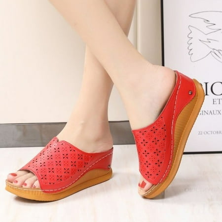 

Kukoosong Flat Sandals Women Flip Flops for Women Wedge Slide Slippers Women Outdoor Slippers Pearl Chain Soft Sole Red Size 38