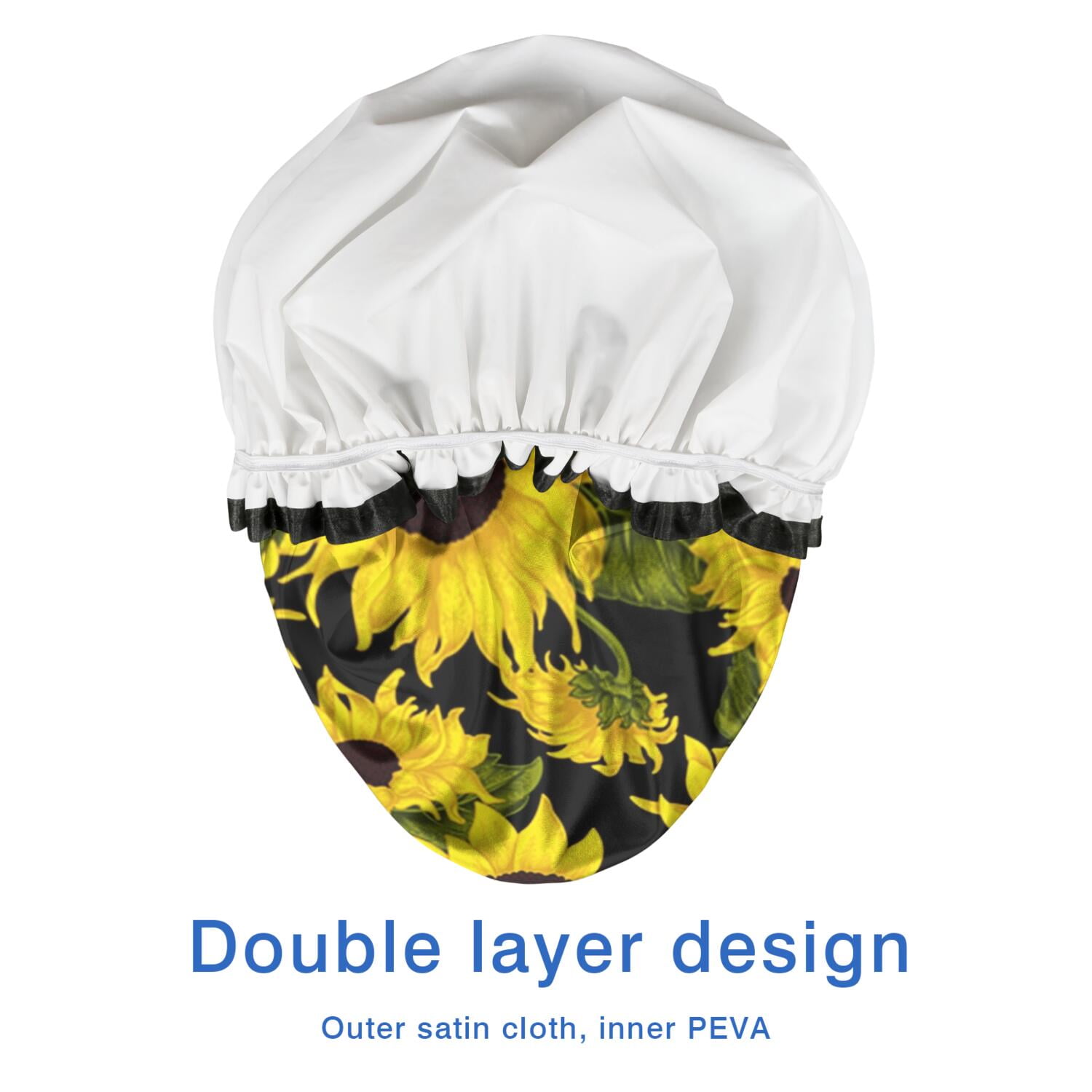 Shower Caps,Black Green Stem Sunflower Pattern Waterproof Shower Cap for Women 4 Pieces,Double Reusable Hair Cover for Shower PEVA Elastic Stretch Hem