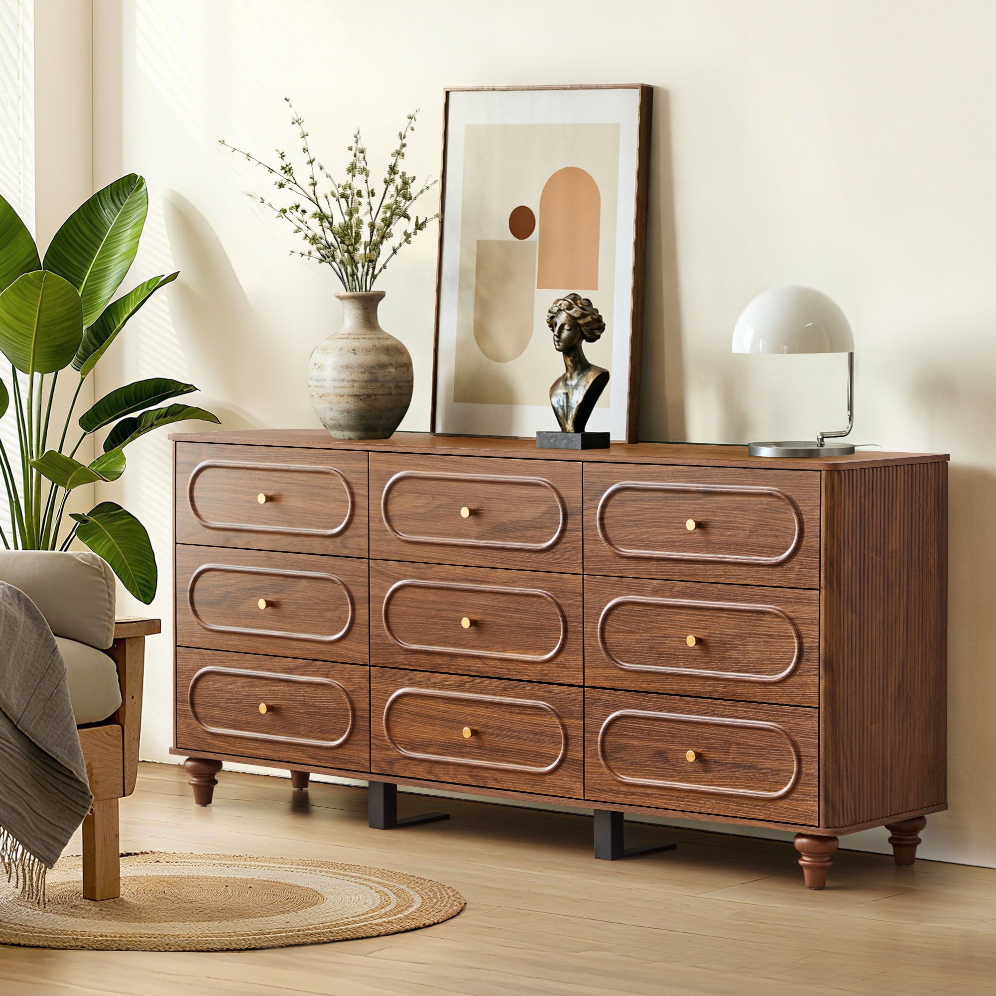 Weselon 9 Drawer Fluted Dresser for Bedroom, Mid Century Chest of Drawers with Arc Edge, Wood Storage Large Dresser Organizer for Bedroom Living Room Hallway Closet, brown