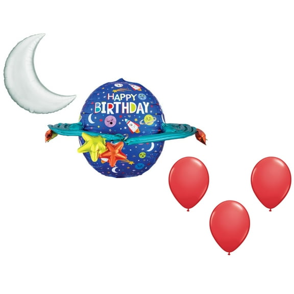 LOONBALLOON Space, Alien, Rocket Theme Balloon Set, 29 inch HAPPY BIRTHDAY COLORFUL GALAXY, Moon Foil and 3x latex balllons