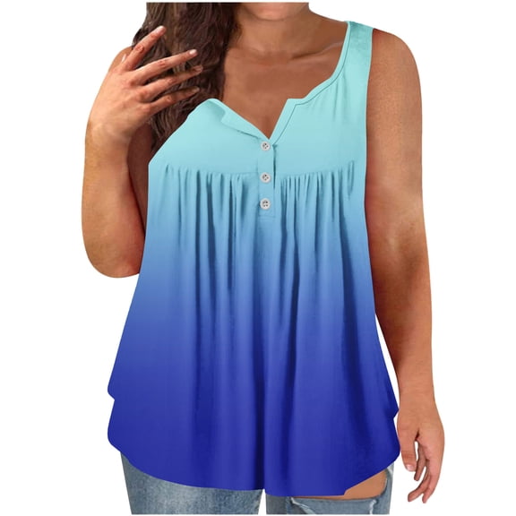 ylioge L-4X Plus Size Tank Tops for Women Sleeveless Button Crewneck Camisoles Womens Casual Gradient Printed Pullover Going-Out Beach Cami Top