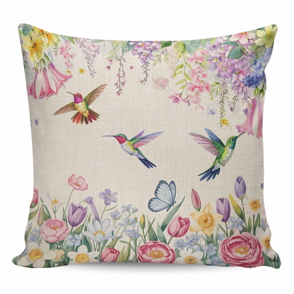 Watercolor Flowers Pillow Covers 24x24 Inch Decorative Throw Pillow Cover, Spring Hummingbird Butterflly Floral Beige Sofa Pillowcases Accent Cushion Case Home Decor Bedroom Living Room