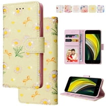 Wallet Case for iPhone 7 Plus / iPhone 8 Plus with RFID Blocking Credit Card Slots Holder, Cute Patterned Gold Brushing Magnetic Flip Kickstand Wrist Strap Cover, Yellow Daisy