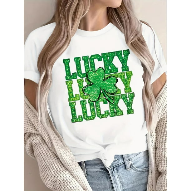 Women's "Lucky" Clover Graphic T-Shirt - Casual White Short Sleeve, Round Neck, Comfortable Loose Fit