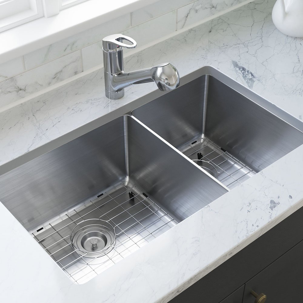 3160L 14 Gauge Double Offset Bowl Stainless Steel Kitchen Sink, Basket
