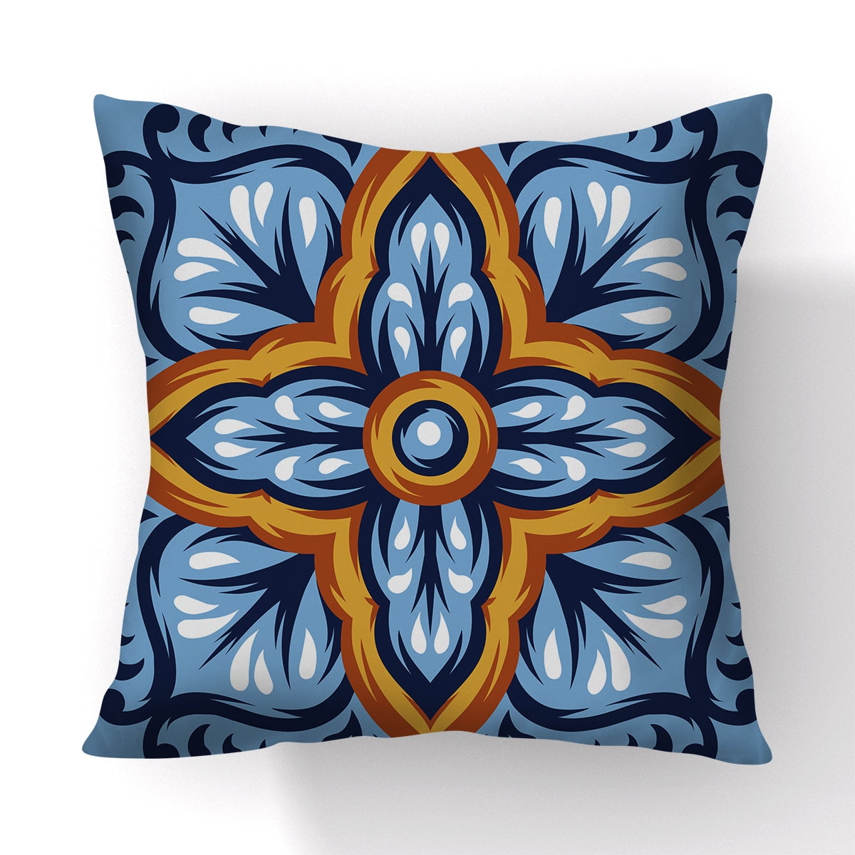 QIQIANY Set of 4 Retro Floral Blue and Orange Throw Pillow Covers 18x18 Inch Linen Fabric Modern Farmhouse Decor Floral Pillow Case Indoor/Outdoor Cushion Cover for Sofa Bed Car Chair Room 